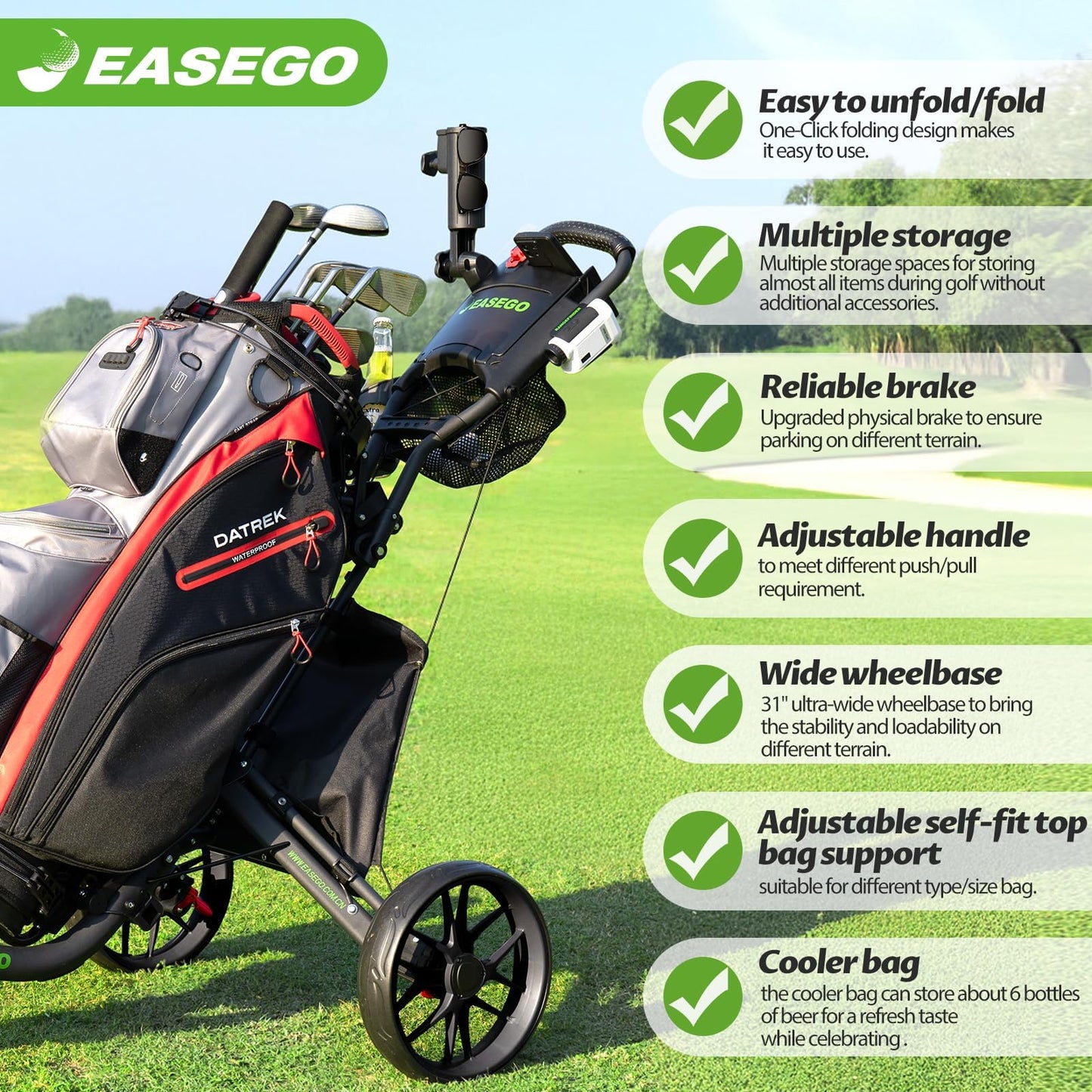 Easego Golf Push Cart 3 Wheel : Golf Bag Cart Foldable With Phone Holder/cup/umbrella Holder Compact Golf Pull Carts Quick Fold Golf Caddy Push Carts With Large Wheelbase For Different Terrain - Black