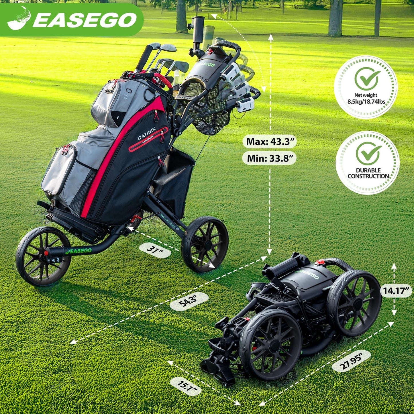 Easego Golf Push Cart 3 Wheel : Golf Bag Cart Foldable With Phone Holder/cup/umbrella Holder Compact Golf Pull Carts Quick Fold Golf Caddy Push Carts With Large Wheelbase For Different Terrain - Black