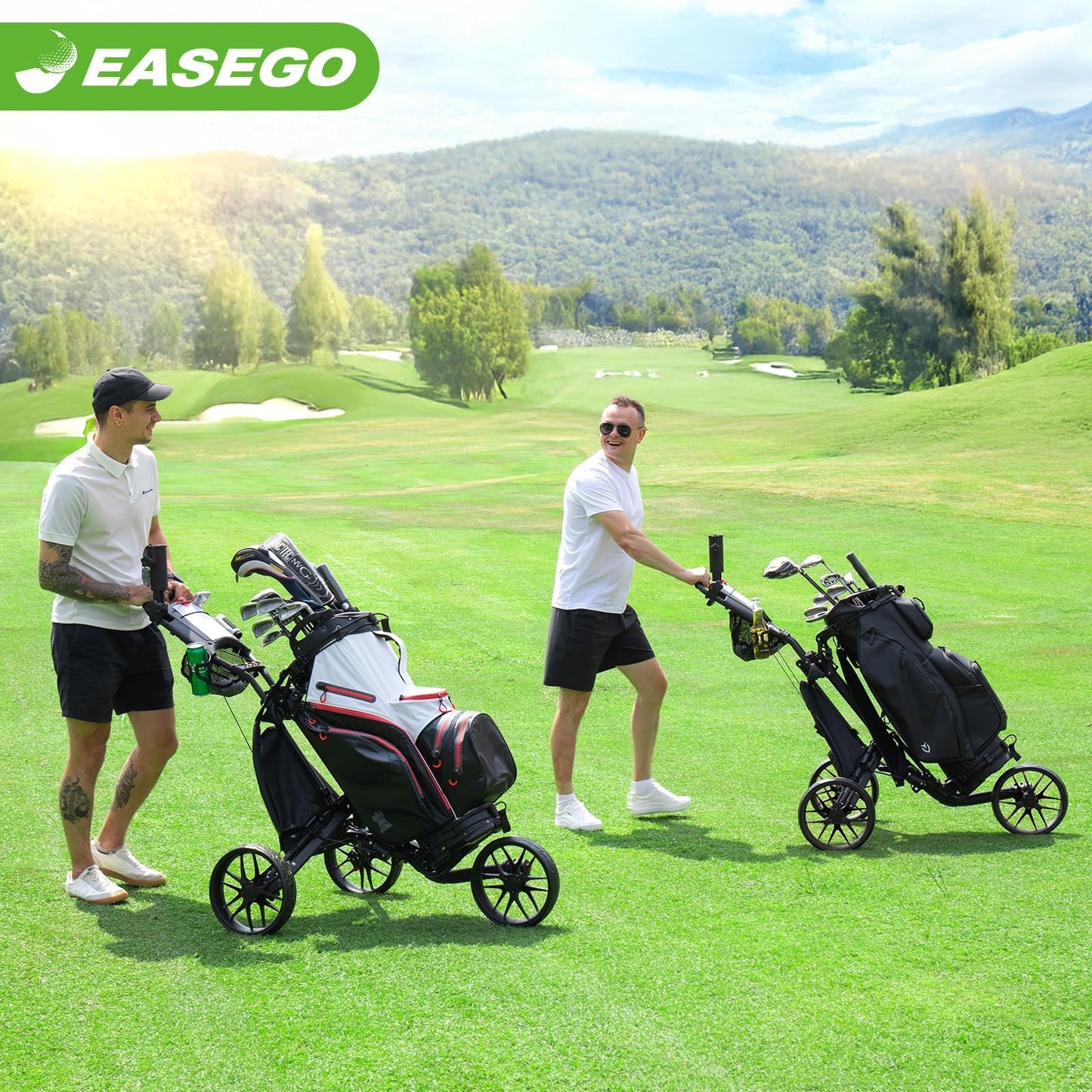 Easego Golf Push Cart 3 Wheel : Golf Bag Cart Foldable With Phone Holder/cup/umbrella Holder Compact Golf Pull Carts Quick Fold Golf Caddy Push Carts With Large Wheelbase For Different Terrain - Black