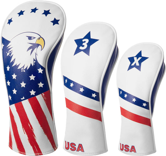 Fitense Golf Head Covers, 3 Pack Golf Club Head Covers Usa Stars And Stripes, Velour Lined For Extra Club Protection, Designed To Fit All Woods And Drivers Velour Lined - 1,3,x