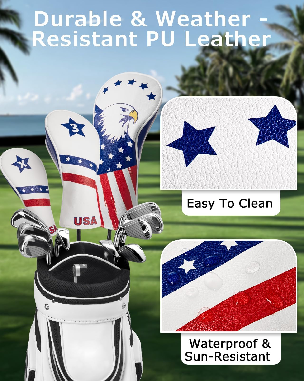 Fitense Golf Head Covers, 3 Pack Golf Club Head Covers Usa Stars And Stripes, Velour Lined For Extra Club Protection, Designed To Fit All Woods And Drivers Velour Lined - 1,3,x