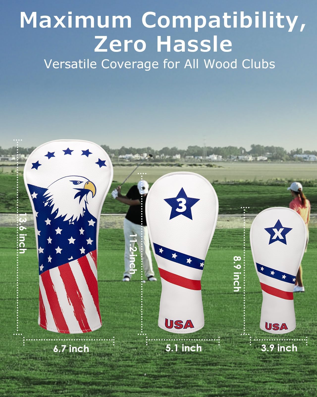 Fitense Golf Head Covers, 3 Pack Golf Club Head Covers Usa Stars And Stripes, Velour Lined For Extra Club Protection, Designed To Fit All Woods And Drivers Velour Lined - 1,3,x