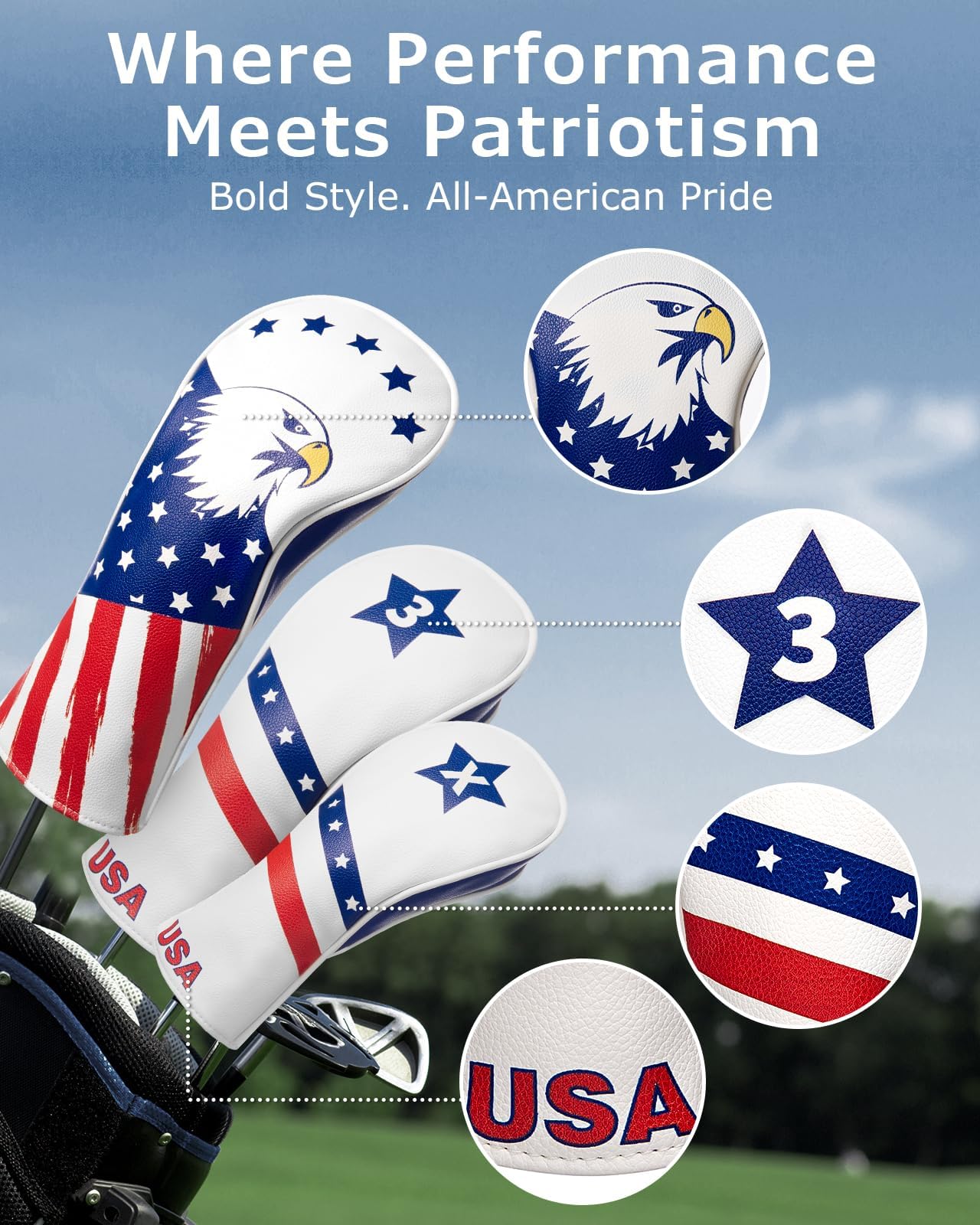 Fitense Golf Head Covers, 3 Pack Golf Club Head Covers Usa Stars And Stripes, Velour Lined For Extra Club Protection, Designed To Fit All Woods And Drivers Velour Lined - 1,3,x