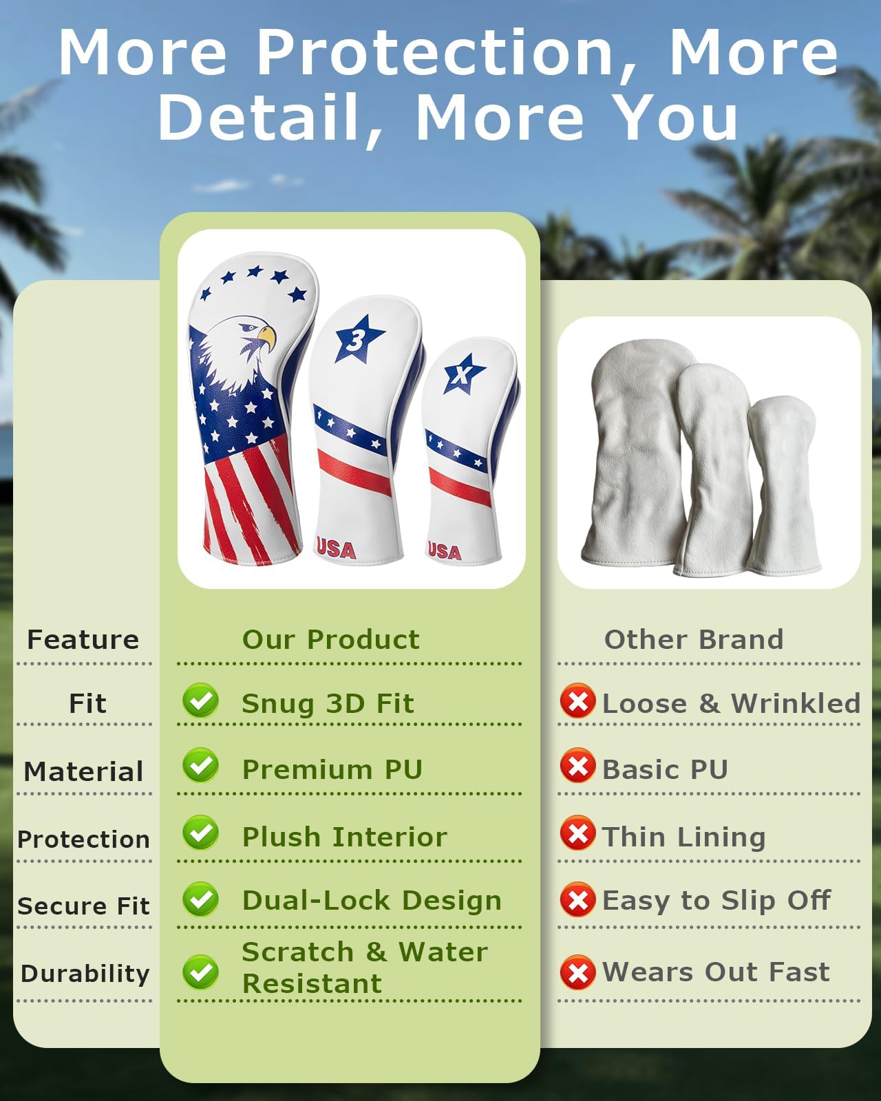 Fitense Golf Head Covers, 3 Pack Golf Club Head Covers Usa Stars And Stripes, Velour Lined For Extra Club Protection, Designed To Fit All Woods And Drivers Velour Lined - 1,3,x