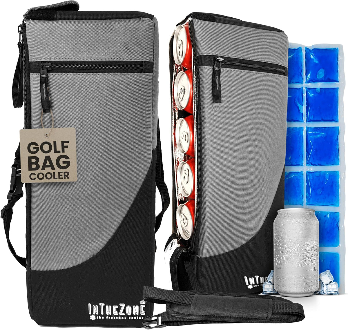 Frostbox Golf Bag Cooler With Ice Pack | Insulated 6-Can Beer Sleeve | Stays Cold For Hours Discreet Hidden Design - Fits In Golf Bag - Gray & Black