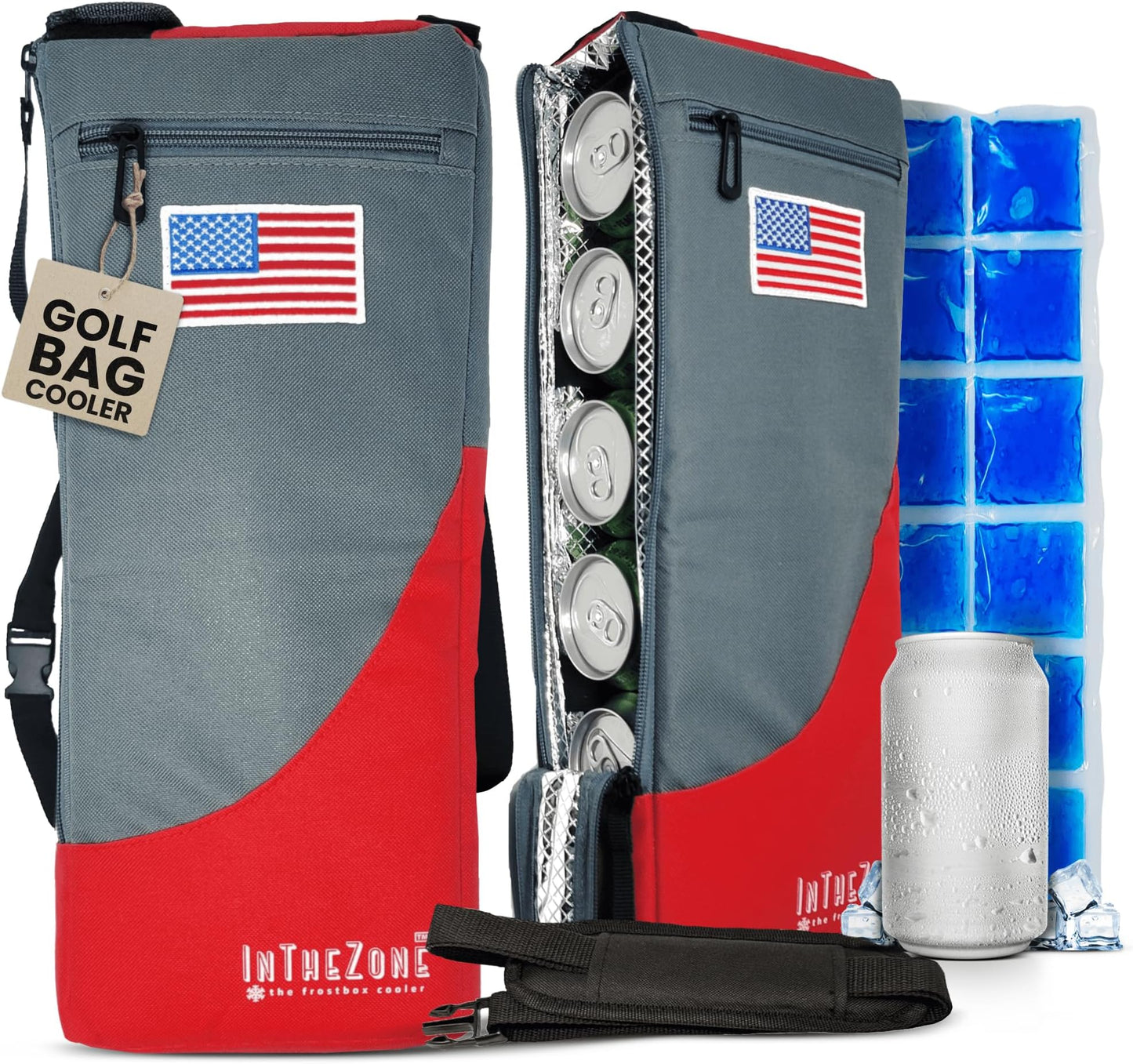 Frostbox Golf Bag Cooler With Ice Pack | Insulated 6-Can Beer Sleeve | Stays Cold For Hours Discreet Hidden Design - Fits In Golf Bag - Gray & Red
