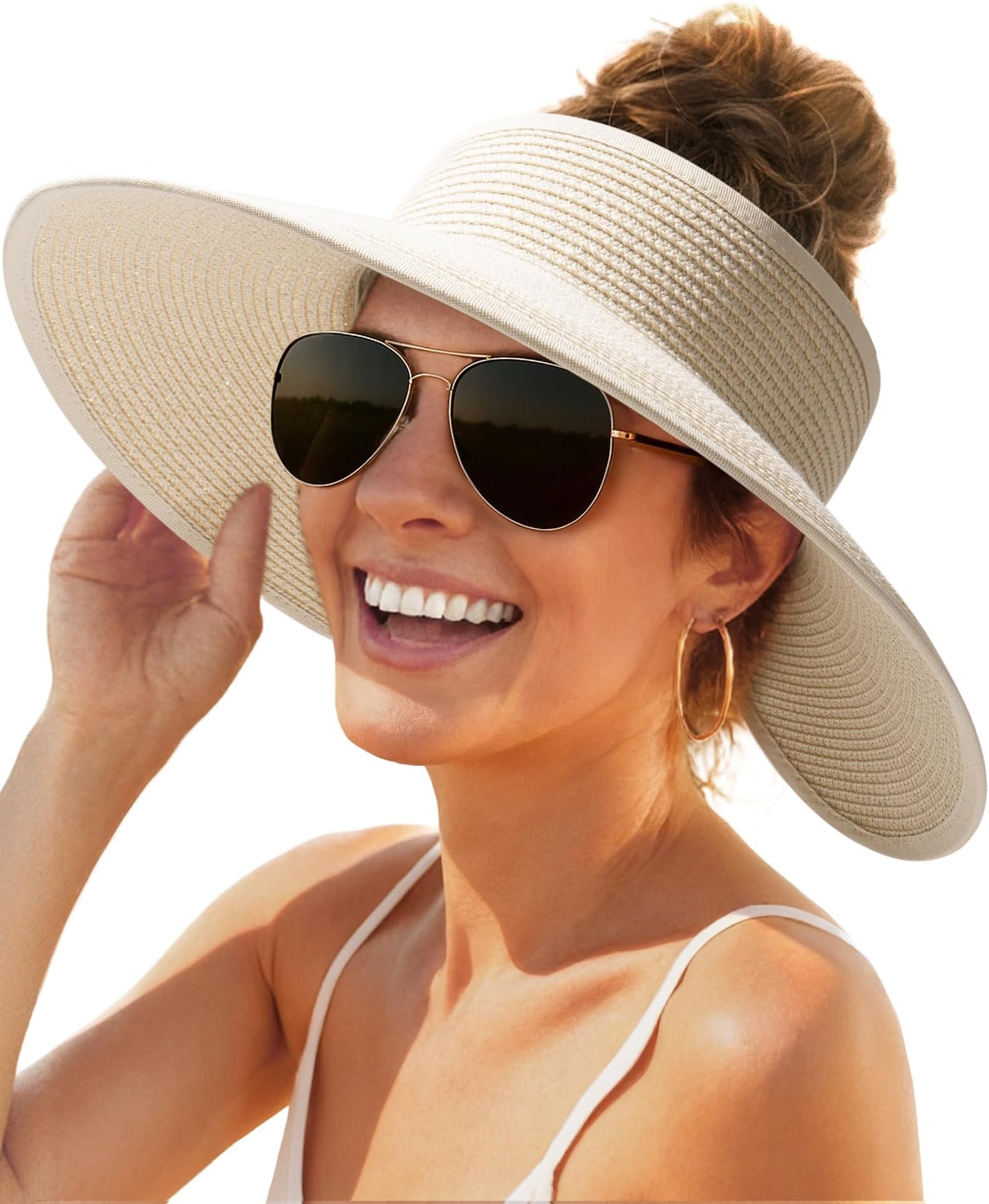 Furtalk Sun Hats For Women Wide Brim Beach Hat Straw Visor Ponytail Summer Uv Packable Foldable Beach Vacation Essentials - Beige