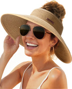 Furtalk Sun Hats For Women Wide Brim Beach Hat Straw Visor Ponytail Summer Uv Packable Foldable Beach Vacation Essentials - Khaki