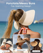 Furtalk Sun Hats For Women Wide Brim Beach Hat Straw Visor Ponytail Summer Uv Packable Foldable Beach Vacation Essentials - Khaki