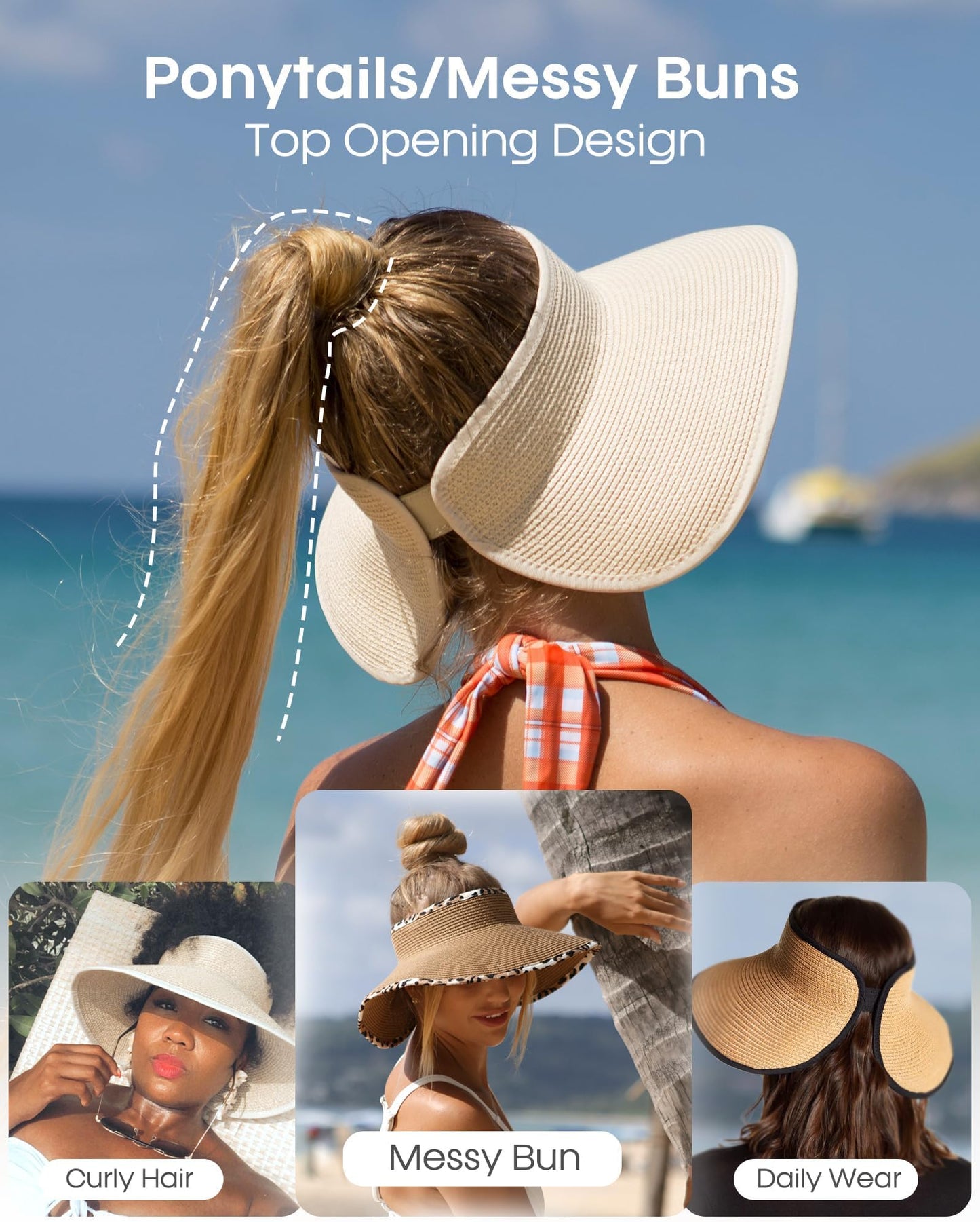 Furtalk Sun Hats For Women Wide Brim Beach Hat Straw Visor Ponytail Summer Uv Packable Foldable Beach Vacation Essentials - Khaki
