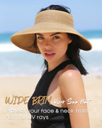 Furtalk Sun Hats For Women Wide Brim Beach Hat Straw Visor Ponytail Summer Uv Packable Foldable Beach Vacation Essentials - Khaki