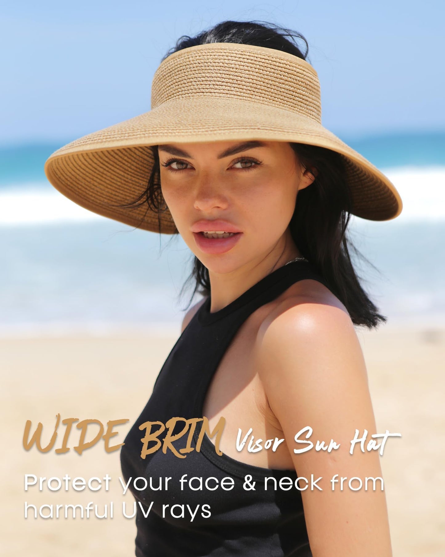 Furtalk Sun Hats For Women Wide Brim Beach Hat Straw Visor Ponytail Summer Uv Packable Foldable Beach Vacation Essentials - Khaki