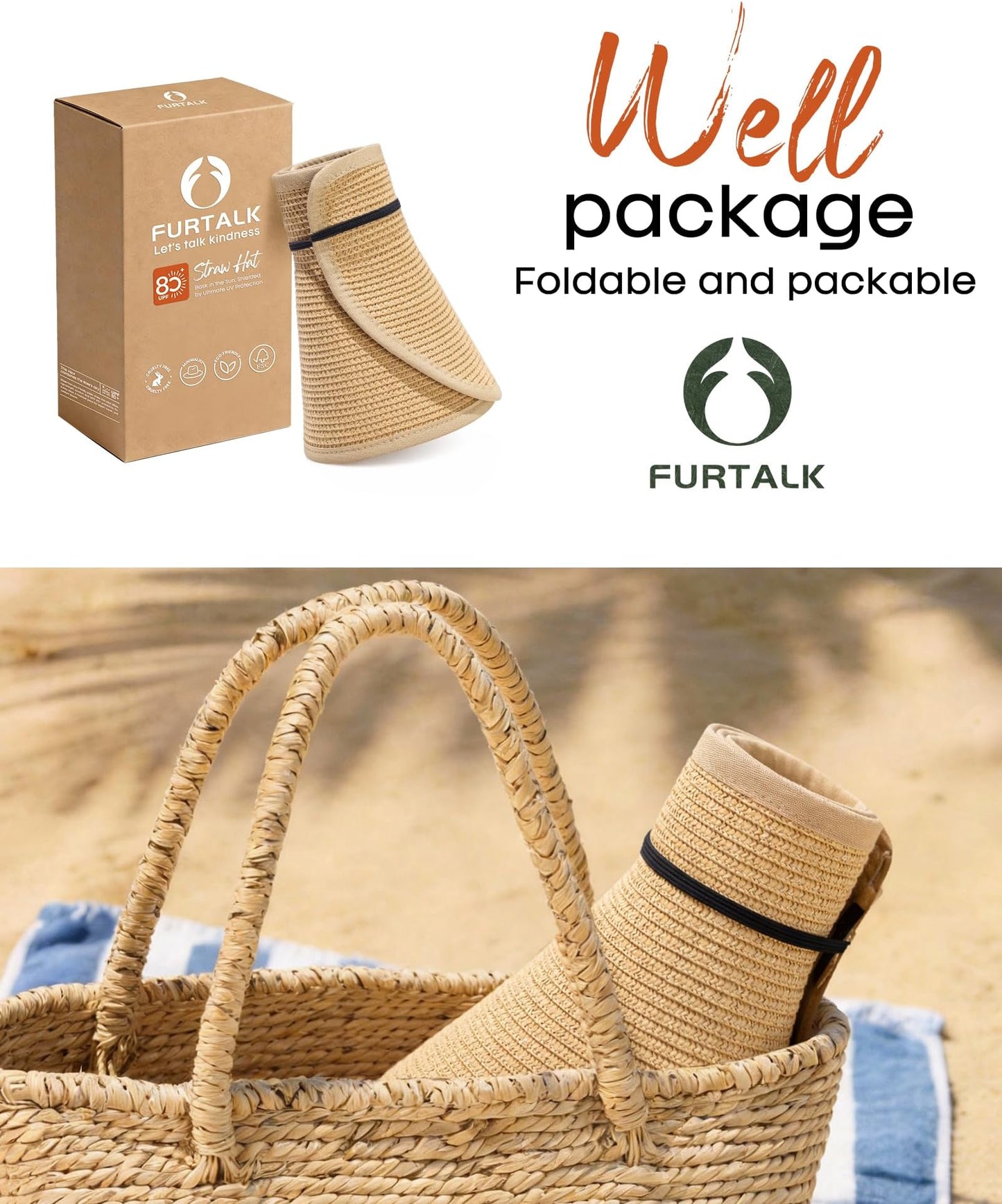Furtalk Sun Hats For Women Wide Brim Beach Hat Straw Visor Ponytail Summer Uv Packable Foldable Beach Vacation Essentials - Khaki