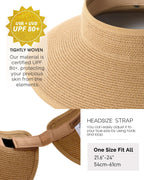 Furtalk Sun Hats For Women Wide Brim Beach Hat Straw Visor Ponytail Summer Uv Packable Foldable Beach Vacation Essentials - Khaki