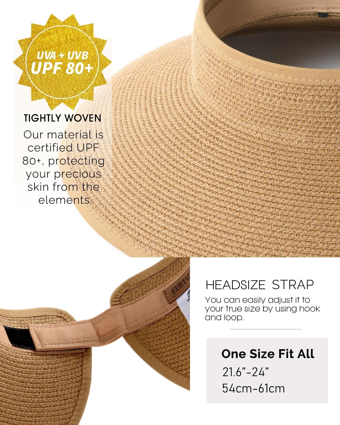 Furtalk Sun Hats For Women Wide Brim Beach Hat Straw Visor Ponytail Summer Uv Packable Foldable Beach Vacation Essentials - Khaki