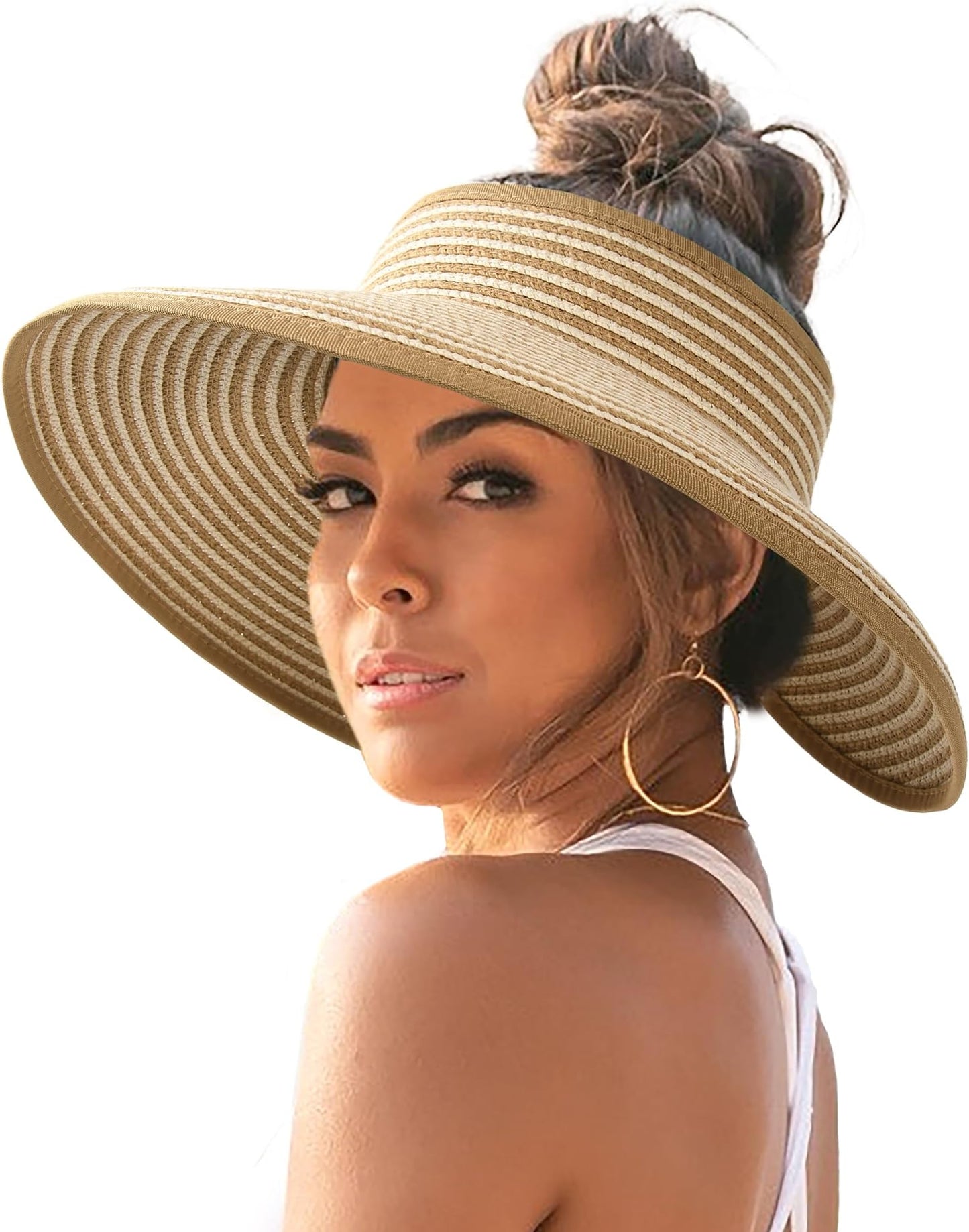 Furtalk Sun Hats For Women Wide Brim Beach Hat Straw Visor Ponytail Summer Uv Packable Foldable Beach Vacation Essentials - 04-Khaki Beige Stripes