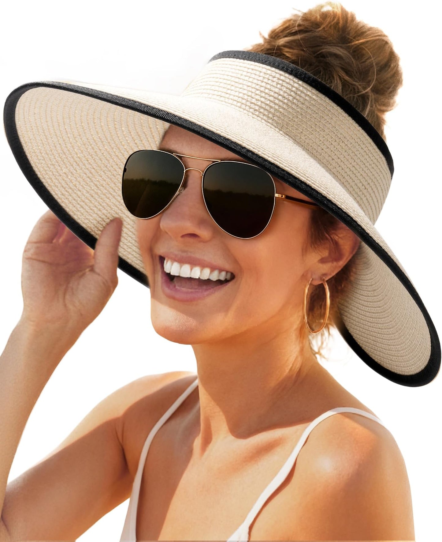 Furtalk Sun Hats For Women Wide Brim Beach Hat Straw Visor Ponytail Summer Uv Packable Foldable Beach Vacation Essentials - Beige With Black