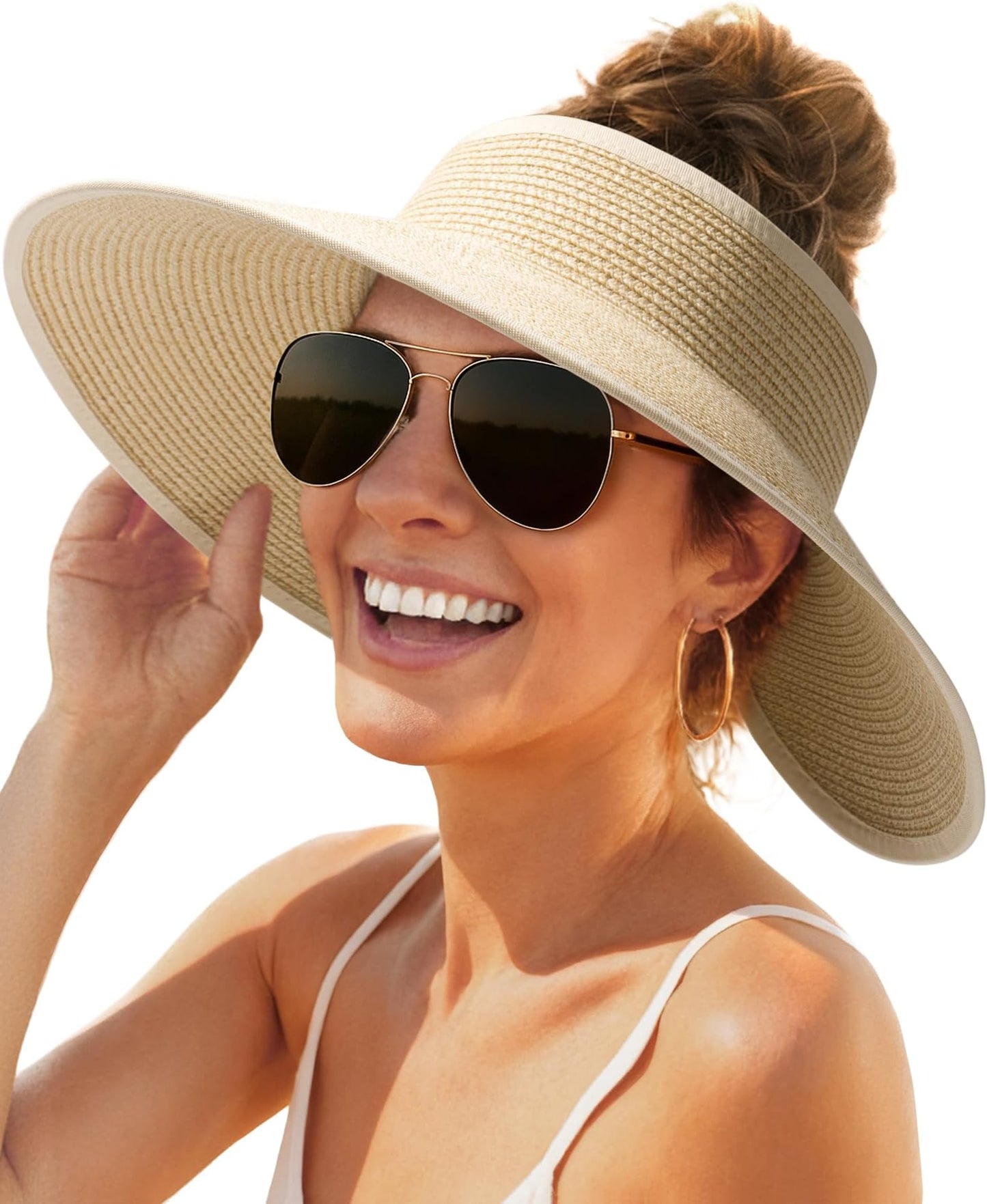 Furtalk Sun Hats For Women Wide Brim Beach Hat Straw Visor Ponytail Summer Uv Packable Foldable Beach Vacation Essentials - 06-Mix Beige