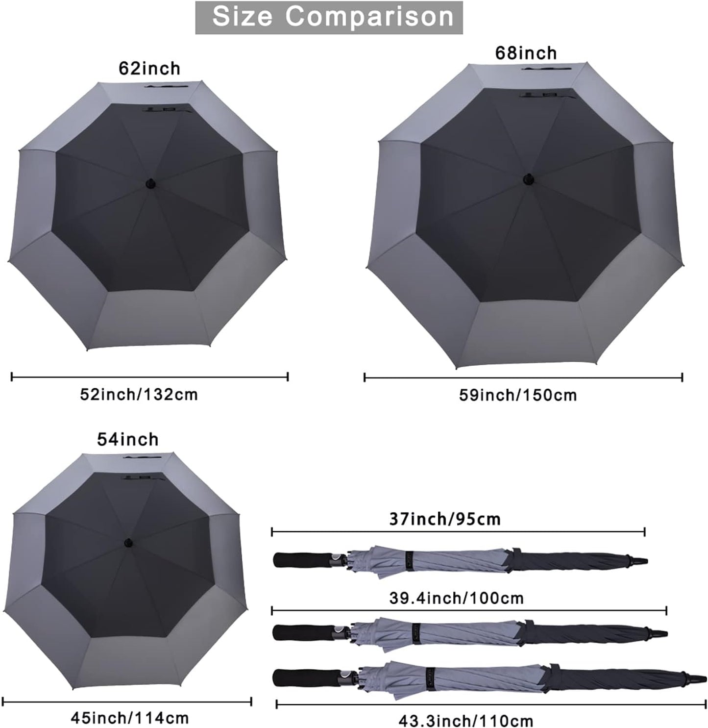 G4free 47/54/62/68/72 Inch Golf Umbrella Windproof Auto Open Large Umbrella | Oversized Stick Umbrella, Extra Large, Vented Double Canopy, Waterproof 210t Pongee Fabric, Fiberglass Frame, Eva Foam Handle - Black/grey
