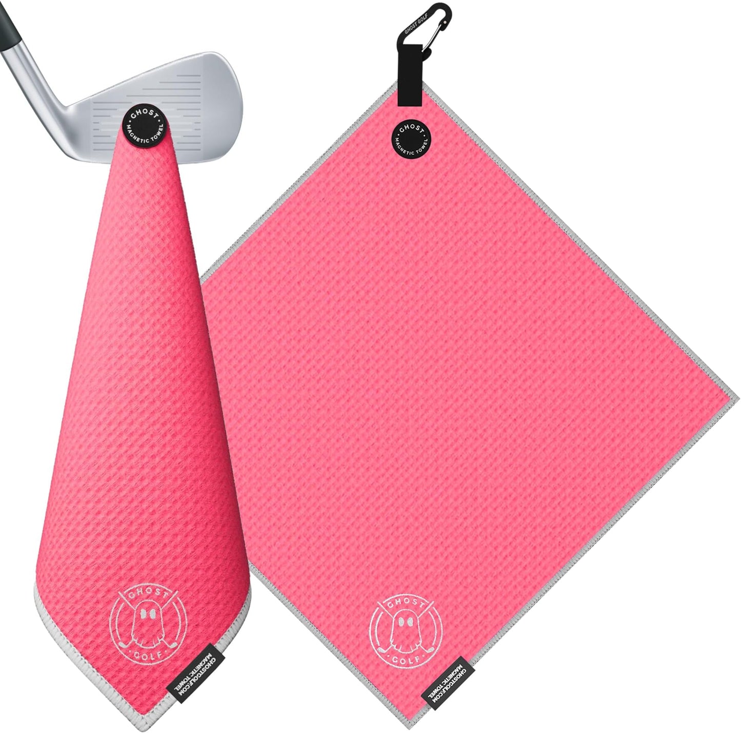 Ghost Golf Magnetic Towel (greenside) - Premium Ultra-Absorbent Microfiber Golf Towel With Magnet For Golf Carts Or Clubs - 18" X 18" Golfing Gear - Waffle Weave Pattern (black) - Hot Pink