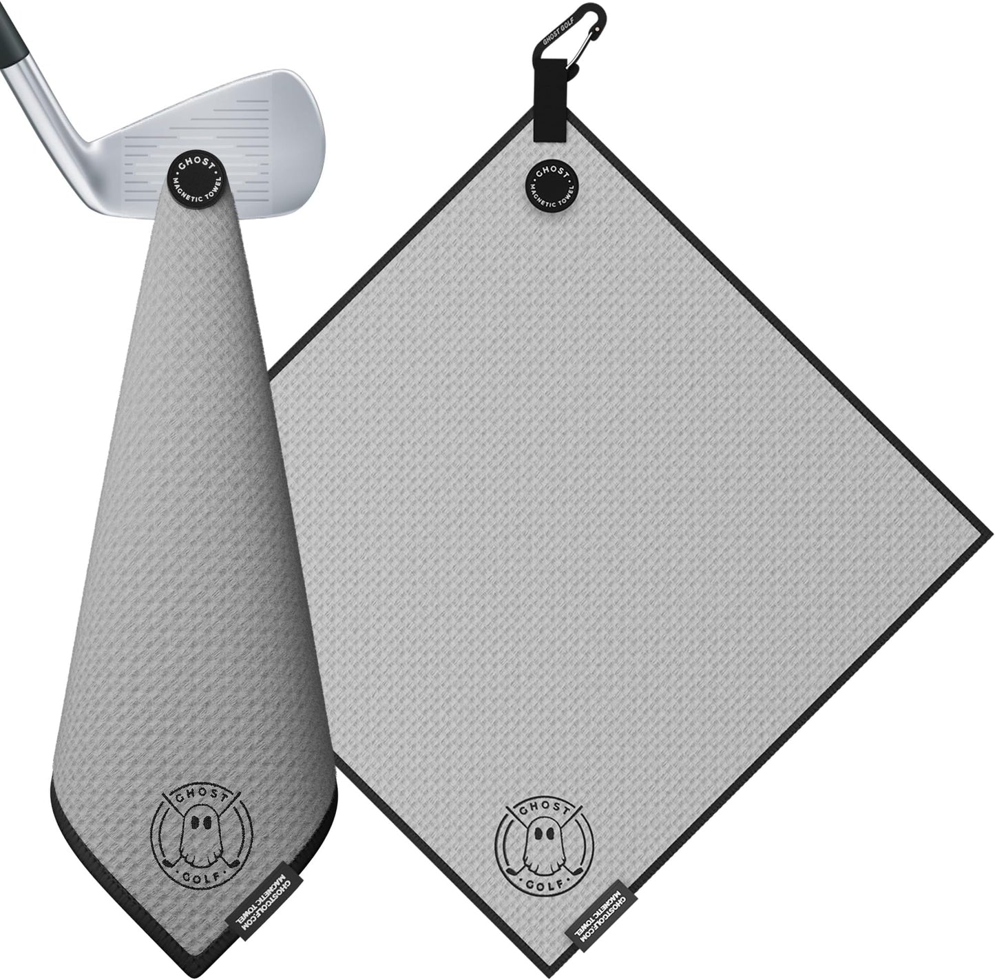 Ghost Golf Magnetic Towel (greenside) - Premium Ultra-Absorbent Microfiber Golf Towel With Magnet For Golf Carts Or Clubs - 18" X 18" Golfing Gear - Waffle Weave Pattern (black) - Grey