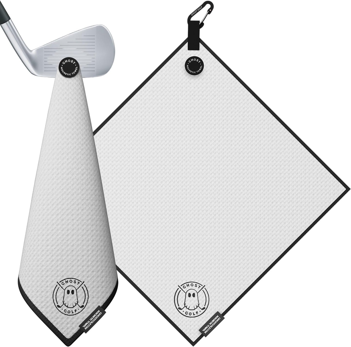 Ghost Golf Magnetic Towel (greenside) - Premium Ultra-Absorbent Microfiber Golf Towel With Magnet For Golf Carts Or Clubs - 18" X 18" Golfing Gear - Waffle Weave Pattern (black) - White