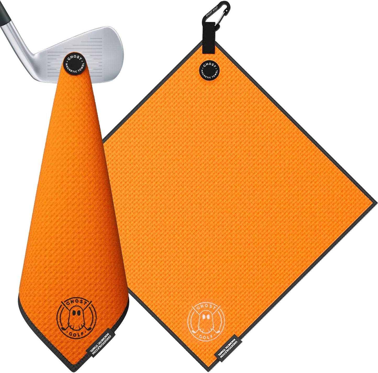 Ghost Golf Magnetic Towel (greenside) - Premium Ultra-Absorbent Microfiber Golf Towel With Magnet For Golf Carts Or Clubs - 18" X 18" Golfing Gear - Waffle Weave Pattern (black) - Orange