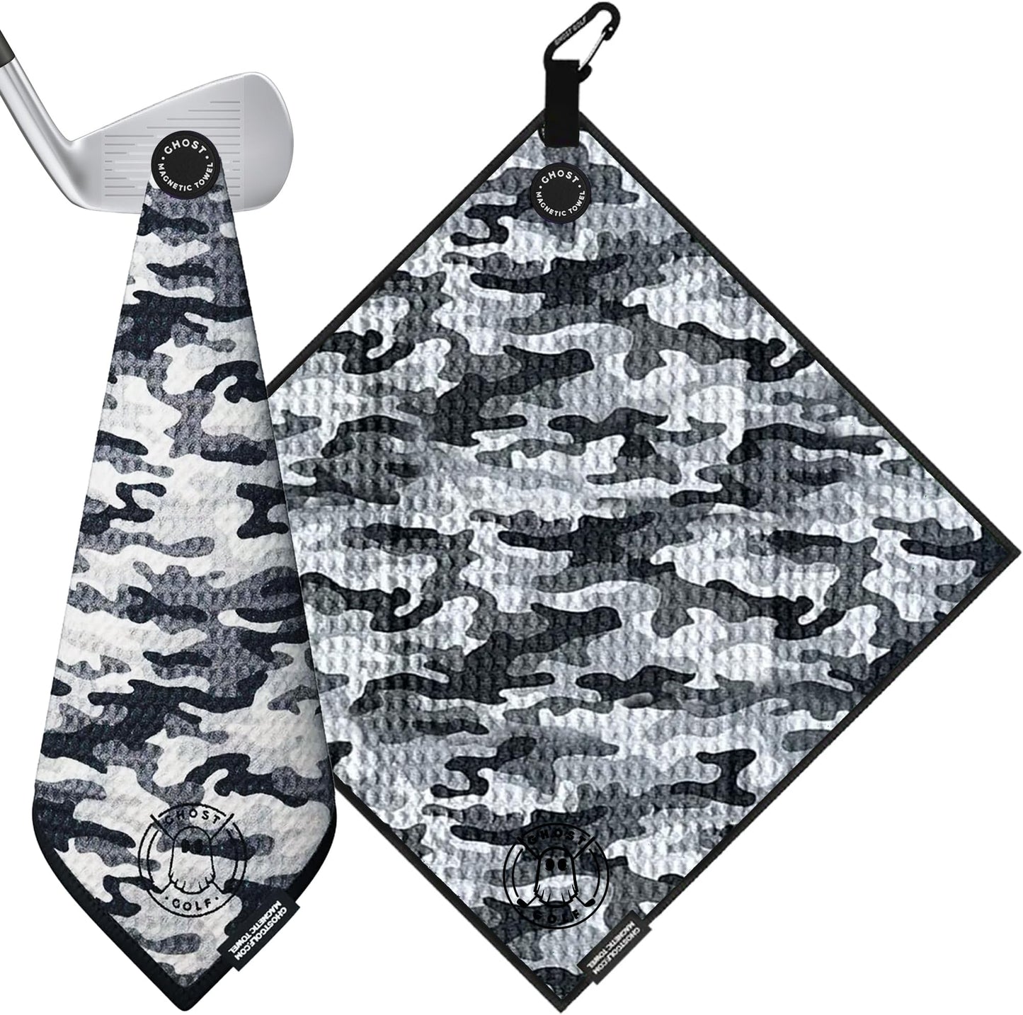 Ghost Golf Magnetic Towel (greenside) - Premium Ultra-Absorbent Microfiber Golf Towel With Magnet For Golf Carts Or Clubs - 18" X 18" Golfing Gear - Waffle Weave Pattern (black) - Snow Camo