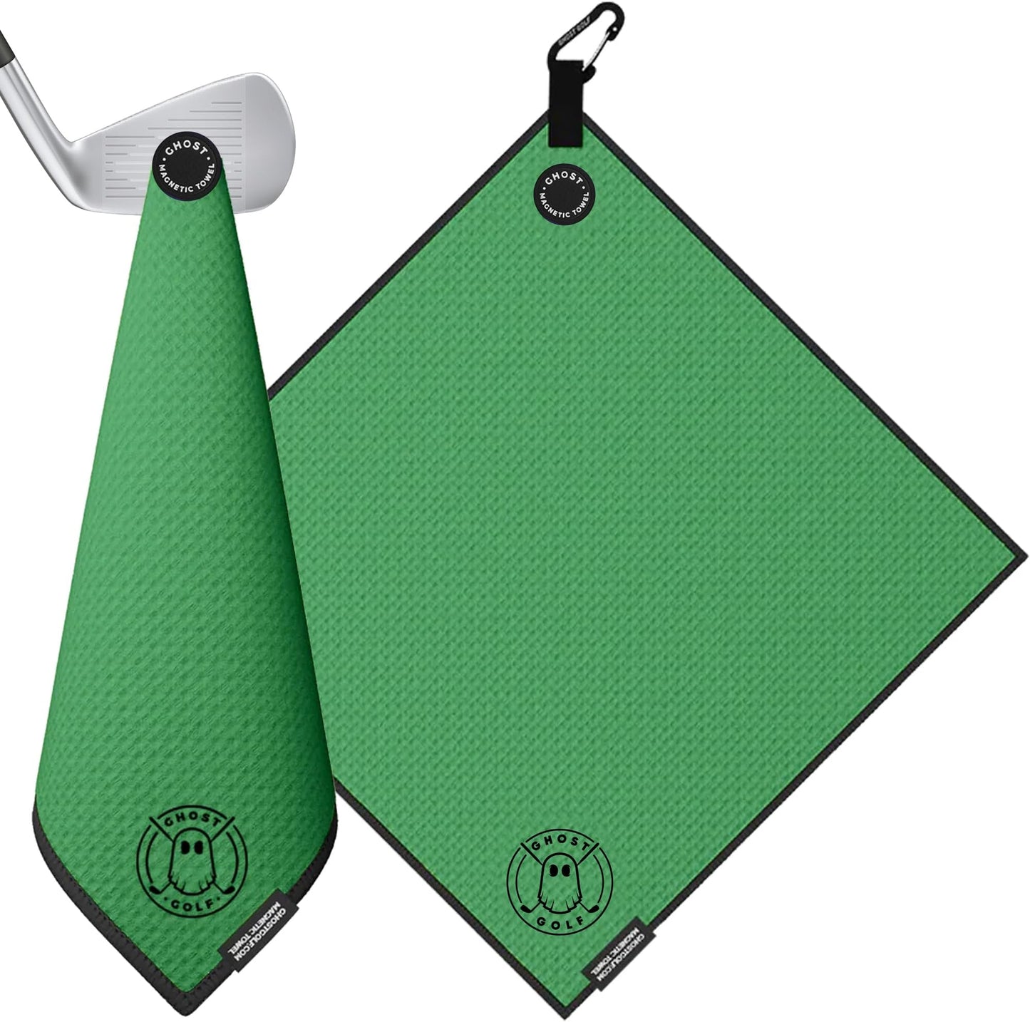 Ghost Golf Magnetic Towel (greenside) - Premium Ultra-Absorbent Microfiber Golf Towel With Magnet For Golf Carts Or Clubs - 18" X 18" Golfing Gear - Waffle Weave Pattern (black) - Kelly Green