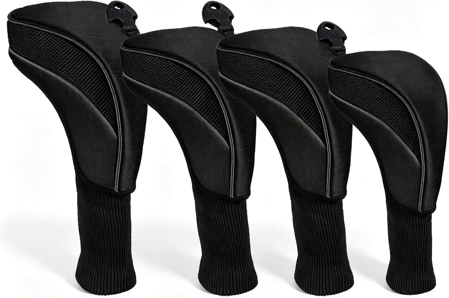 Golf Club Head Covers Set (4 Pcs) For Fairway Woods, Driver, And Hybrids - Long Neck Mesh Design With Interchangeable 3/4/5/6/7/x Number Tags - Golf Accessories For Men And Women - Black