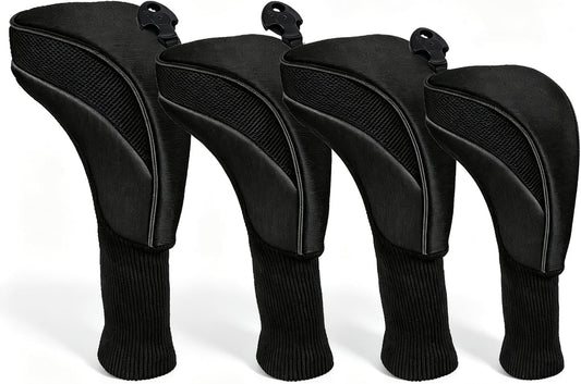Golf Club Head Covers Set (4 Pcs) For Fairway Woods, Driver, And Hybrids - Long Neck Mesh Design With Interchangeable 3/4/5/6/7/x Number Tags - Golf Accessories For Men And Women - Black