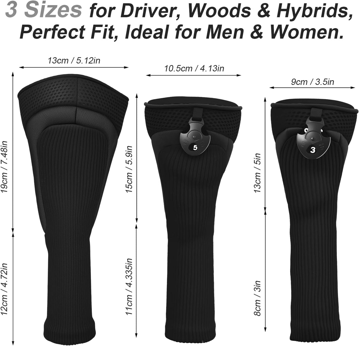 Golf Club Head Covers Set (4 Pcs) For Fairway Woods, Driver, And Hybrids - Long Neck Mesh Design With Interchangeable 3/4/5/6/7/x Number Tags - Golf Accessories For Men And Women - Black