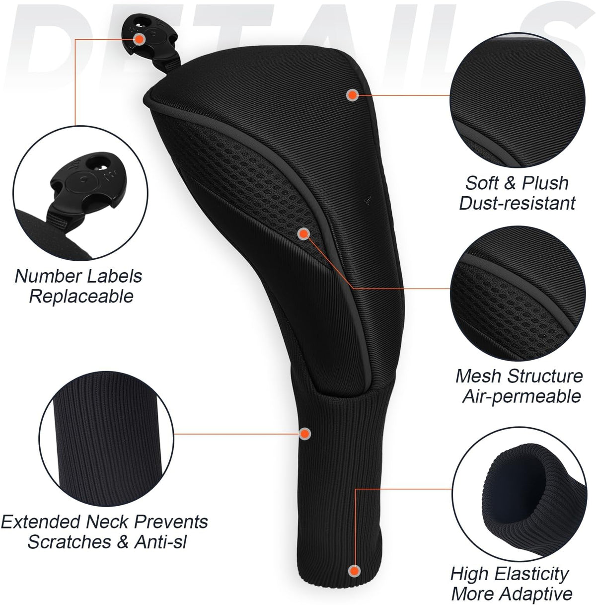 Golf Club Head Covers Set (4 Pcs) For Fairway Woods, Driver, And Hybrids - Long Neck Mesh Design With Interchangeable 3/4/5/6/7/x Number Tags - Golf Accessories For Men And Women - Black
