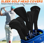 Golf Club Head Covers Set (4 Pcs) For Fairway Woods, Driver, And Hybrids - Long Neck Mesh Design With Interchangeable 3/4/5/6/7/x Number Tags - Golf Accessories For Men And Women - Black