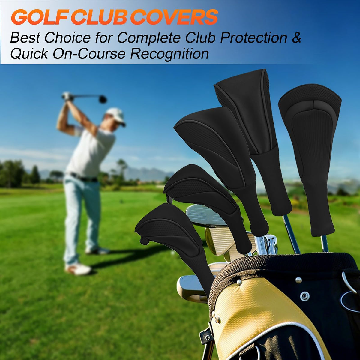 Golf Club Head Covers Set (4 Pcs) For Fairway Woods, Driver, And Hybrids - Long Neck Mesh Design With Interchangeable 3/4/5/6/7/x Number Tags - Golf Accessories For Men And Women - Black