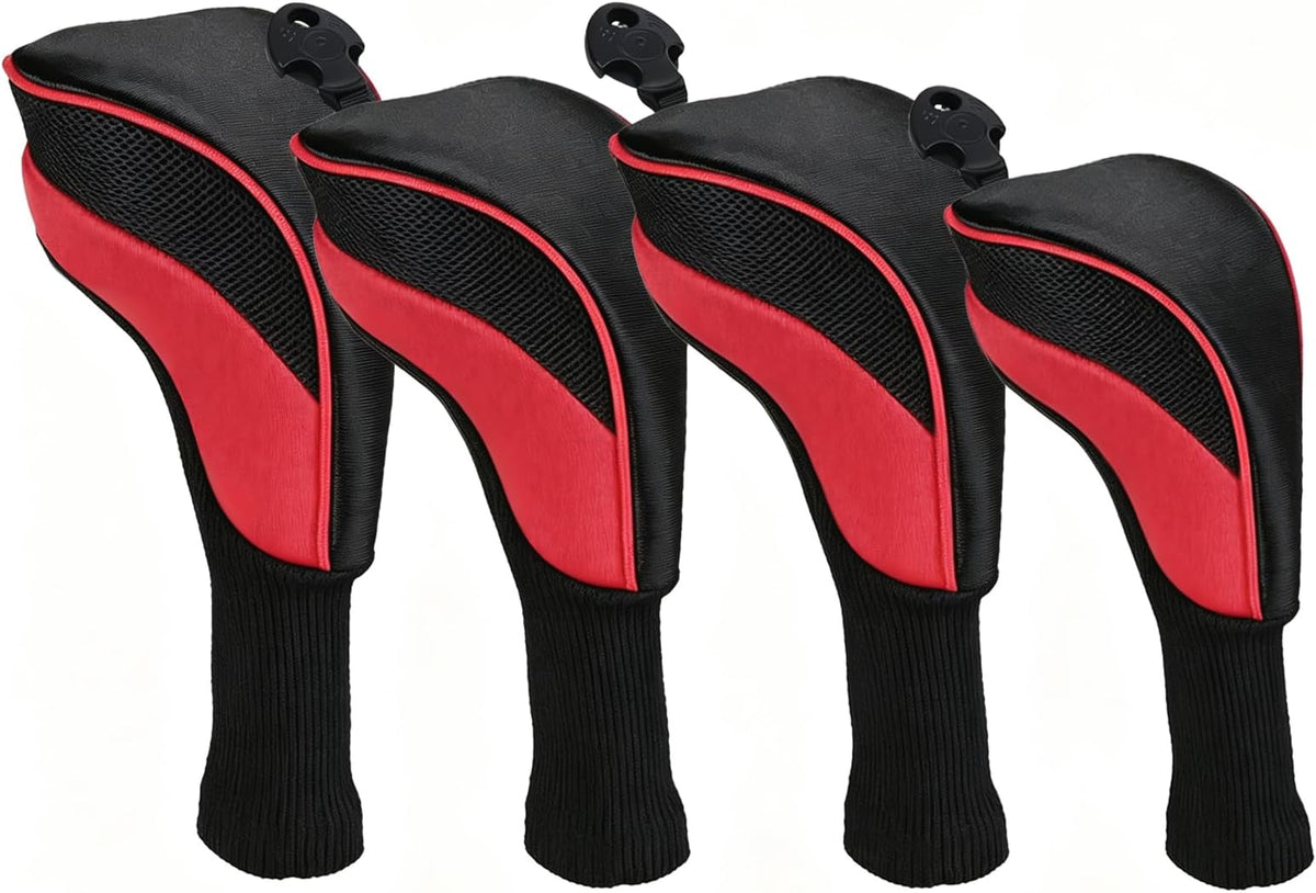 Golf Club Head Covers Set (4 Pcs) For Fairway Woods, Driver, And Hybrids - Long Neck Mesh Design With Interchangeable 3/4/5/6/7/x Number Tags - Golf Accessories For Men And Women - Red