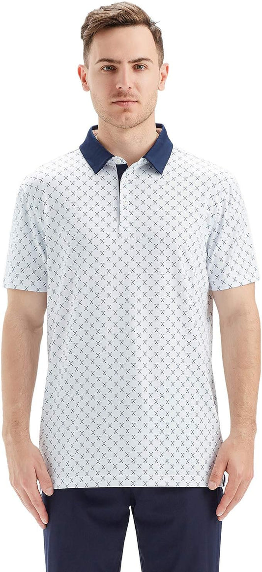 Golf Shirts For Men Dry Fit Short Sleeve Print Performance Moisture Wicking Polo Shirt - White