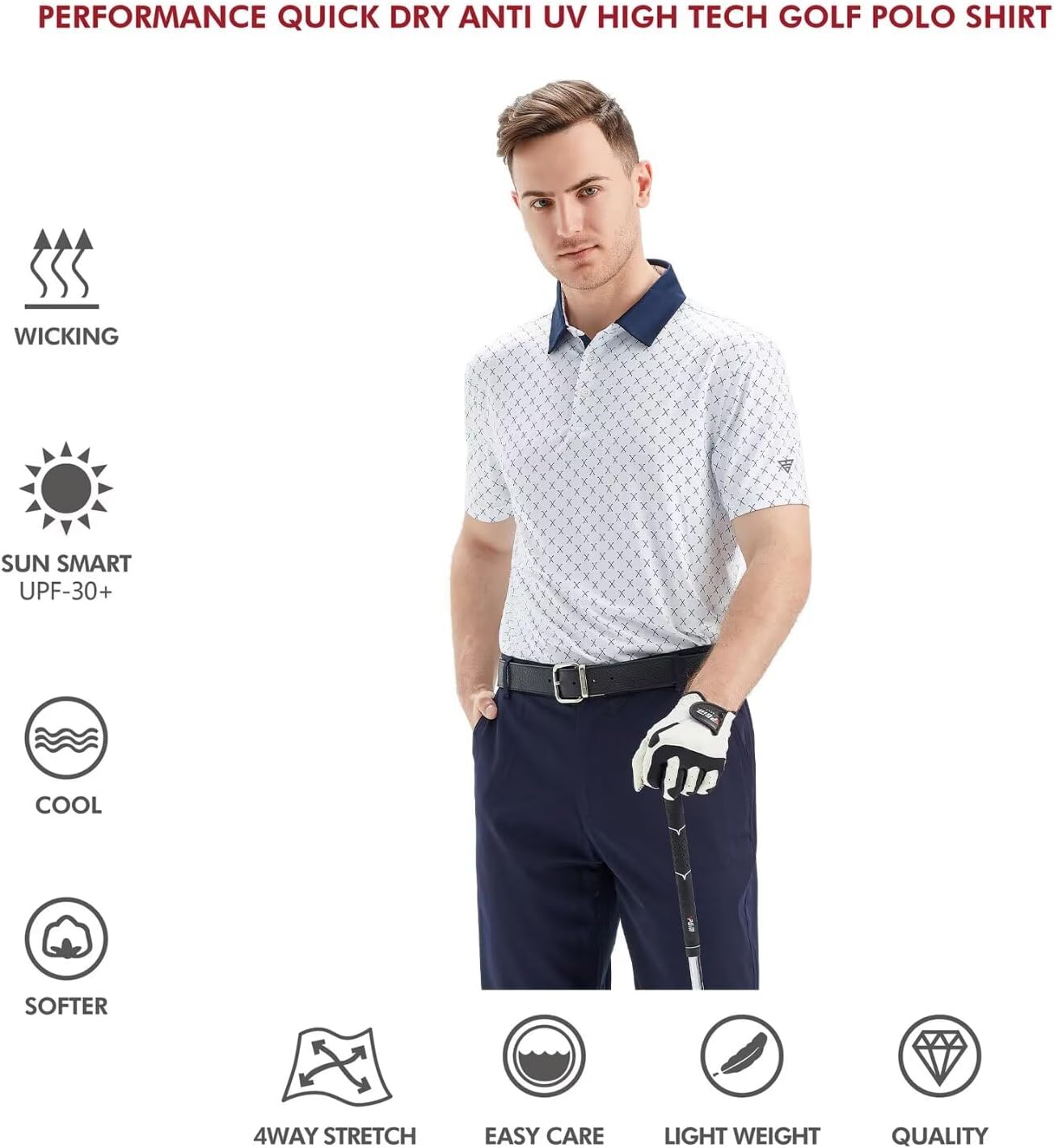 Golf Shirts For Men Dry Fit Short Sleeve Print Performance Moisture Wicking Polo Shirt - White