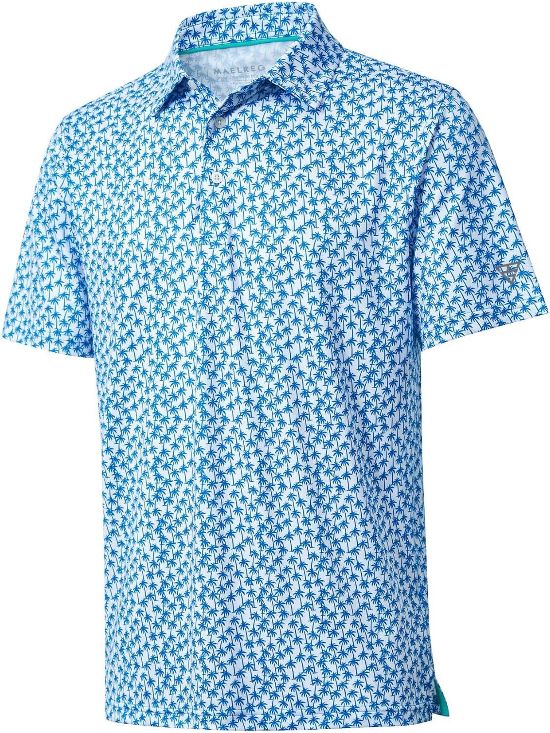 Golf Shirts For Men Dry Fit Short Sleeve Print Performance Moisture Wicking Polo Shirt - White Palm