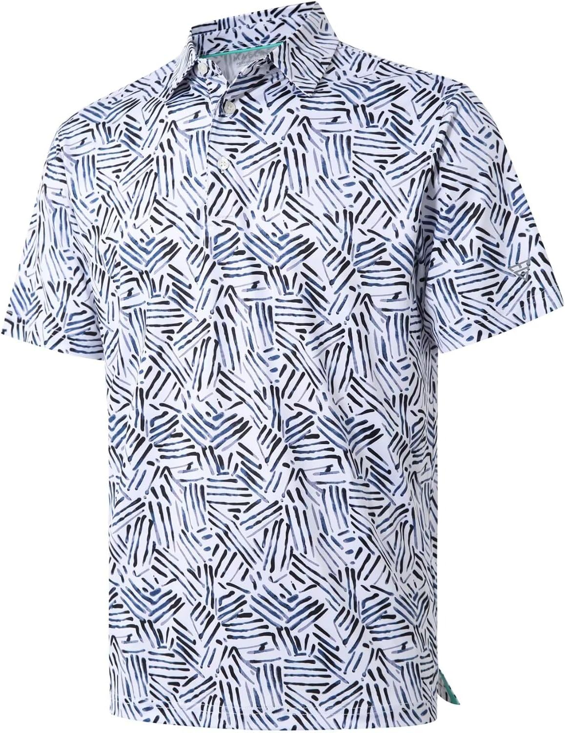 Golf Shirts For Men Dry Fit Short Sleeve Print Performance Moisture Wicking Polo Shirt - White Navy Abstract