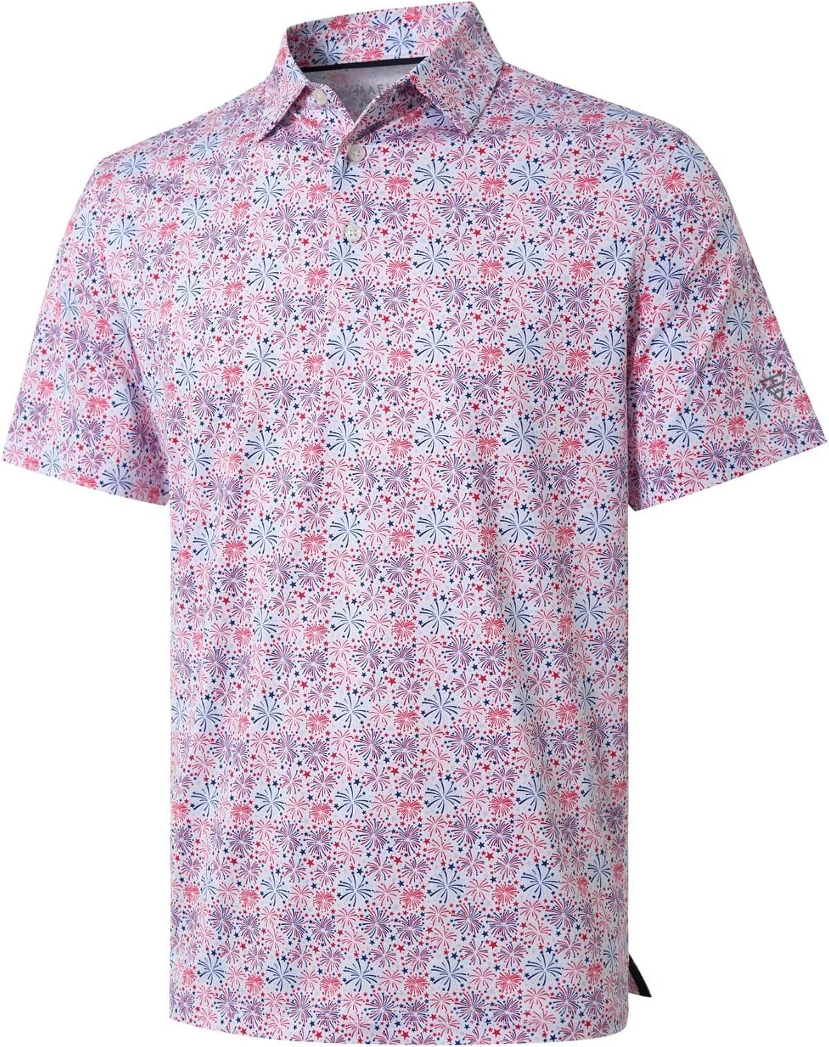 Golf Shirts For Men Dry Fit Short Sleeve Print Performance Moisture Wicking Polo Shirt - White Patriotic Firework