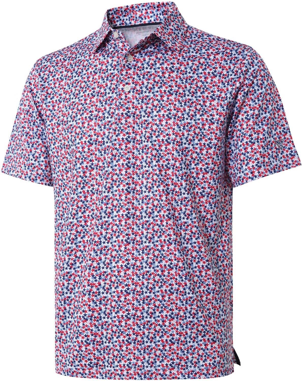 Golf Shirts For Men Dry Fit Short Sleeve Print Performance Moisture Wicking Polo Shirt - White Patriotic Star