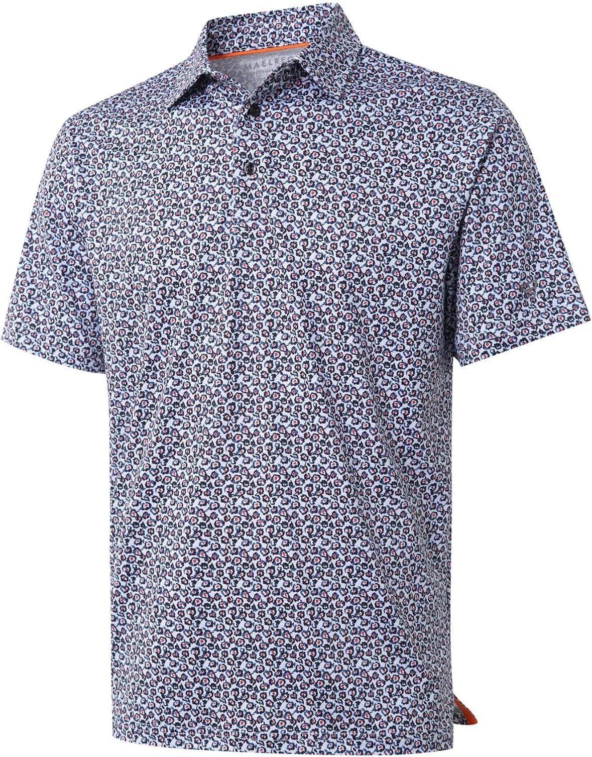 Golf Shirts For Men Dry Fit Short Sleeve Print Performance Moisture Wicking Polo Shirt - Ink Blossom