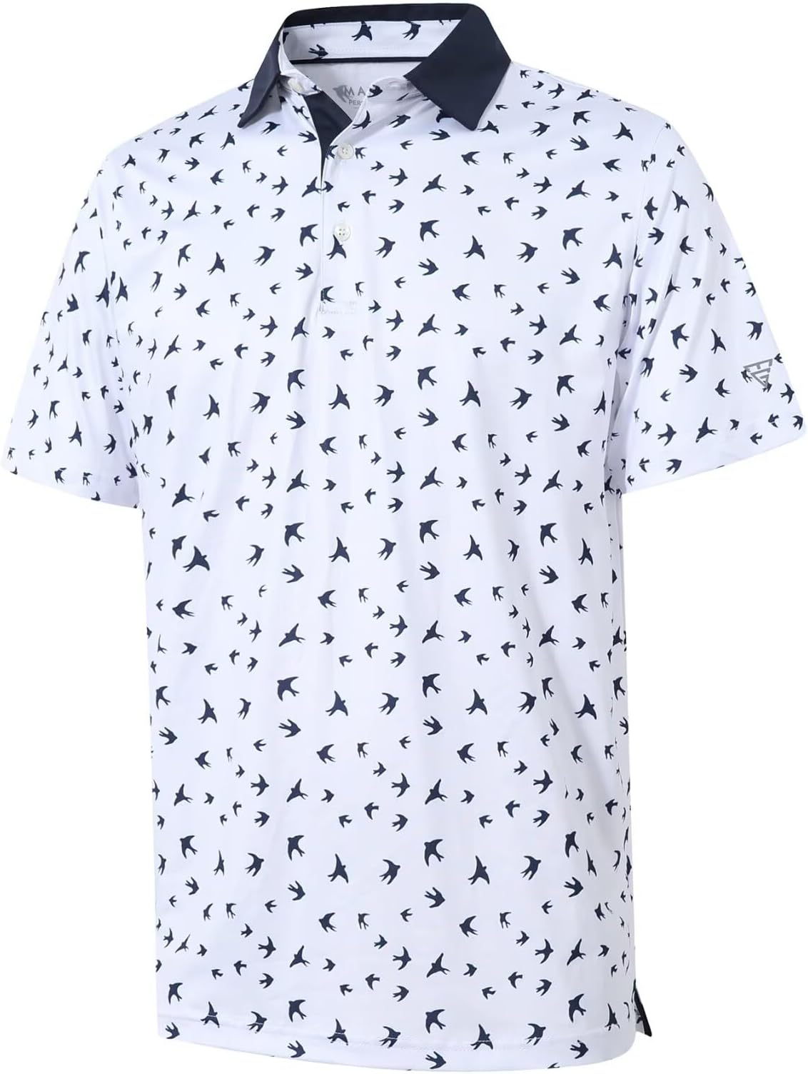 Golf Shirts For Men Dry Fit Short Sleeve Print Performance Moisture Wicking Polo Shirt - White Navy Seagull