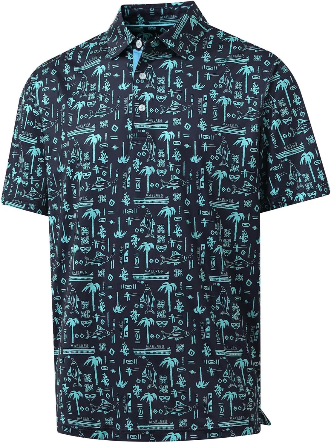Golf Shirts For Men Dry Fit Short Sleeve Print Performance Moisture Wicking Polo Shirt - Navy Ocean Beach