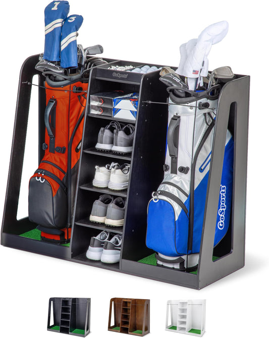 Gosports Premium Wooden Golf Bag Organizer And Storage Rack - Black, White Or Brown Finish - Holds 2 Golf Bags - Black