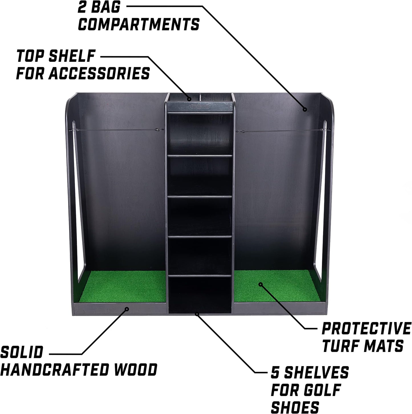 Gosports Premium Wooden Golf Bag Organizer And Storage Rack - Black, White Or Brown Finish - Holds 2 Golf Bags - Black