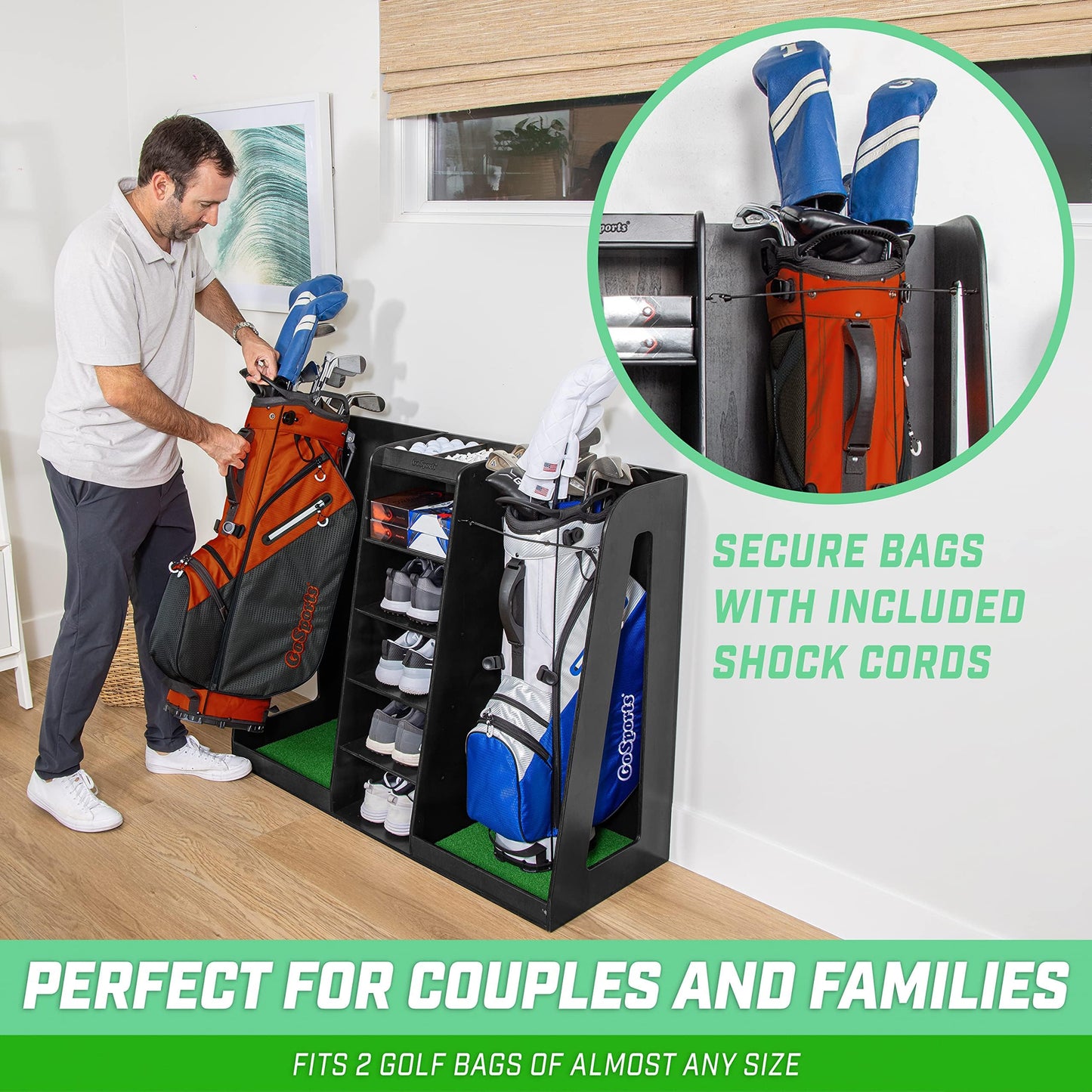Gosports Premium Wooden Golf Bag Organizer And Storage Rack - Black, White Or Brown Finish - Holds 2 Golf Bags - Black