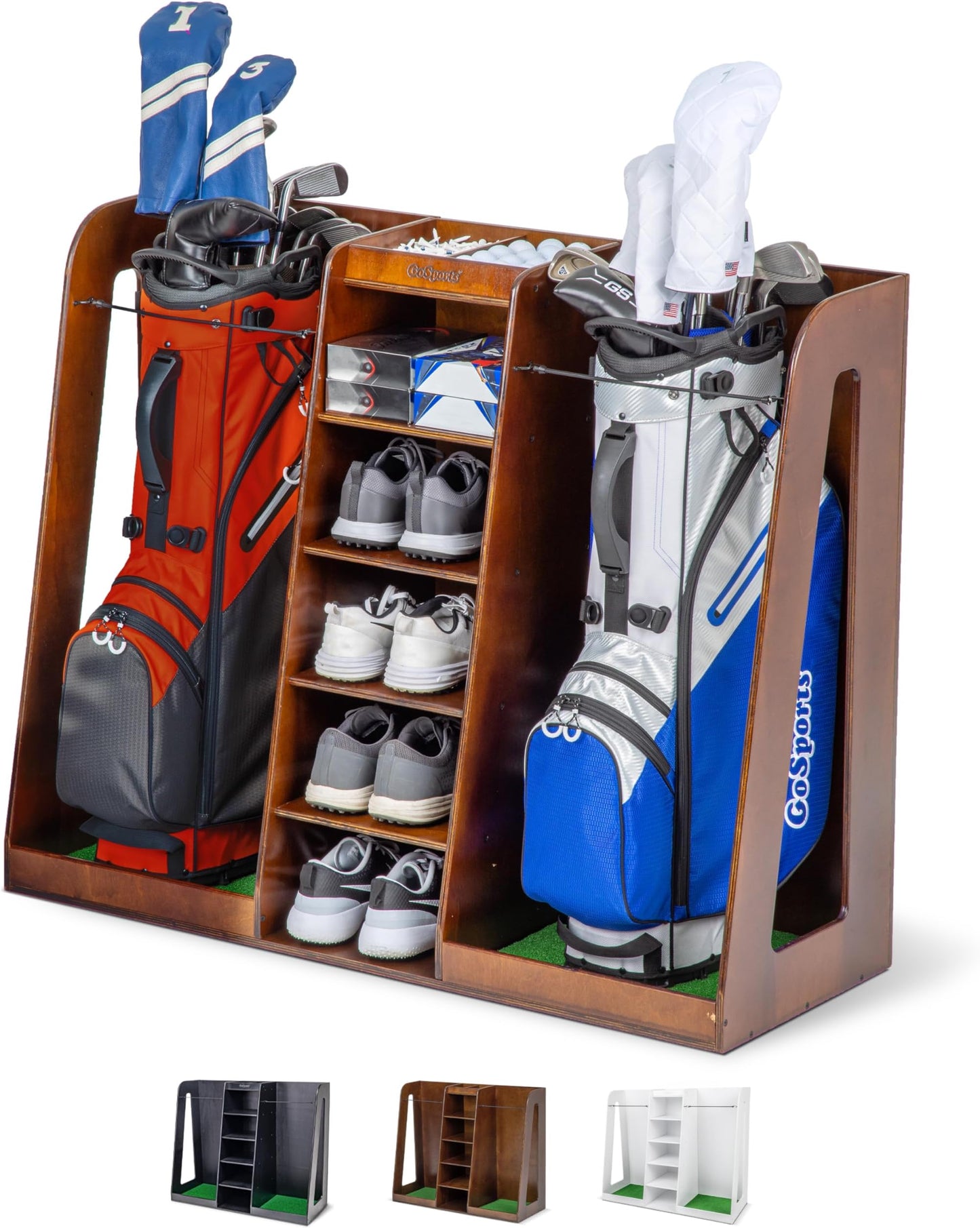 Gosports Premium Wooden Golf Bag Organizer And Storage Rack - Black, White Or Brown Finish - Holds 2 Golf Bags - Brown