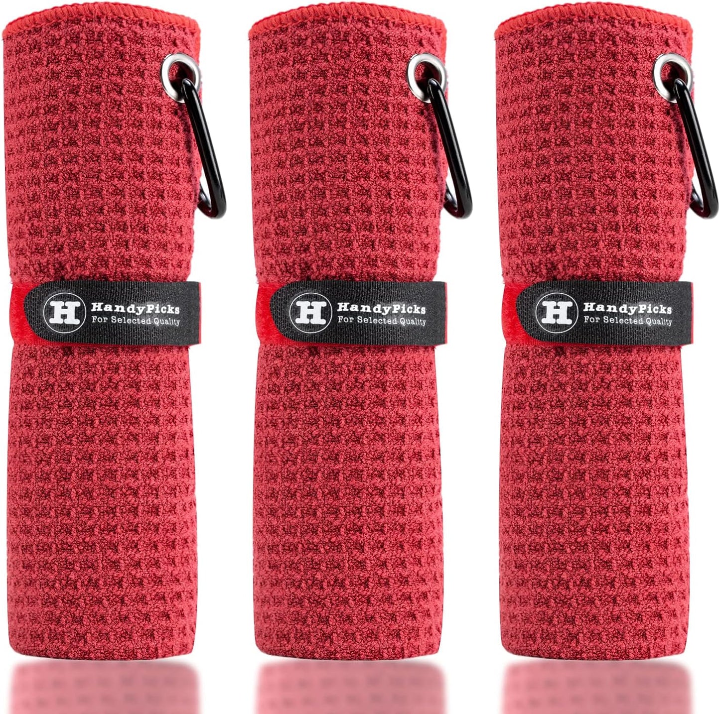 Handy Picks Microfiber Golf Towel (16" X 16") With Carabiner Clip, Waffle Pattern Golf Towel Hook And Loop Fastener - The Convenient Golf Cleaning Towel - Red